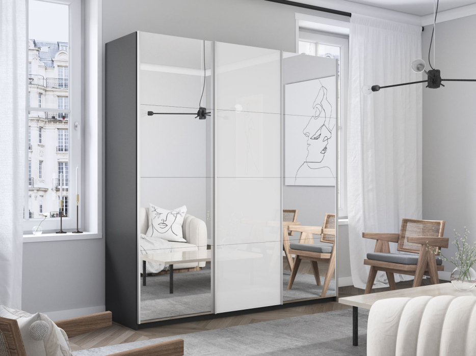 Шкафы-купе 3-х дверные, Шкаф-купе Прайм 3-х дверный Зеркала/Стекло белое/Доводчики 210х57х230