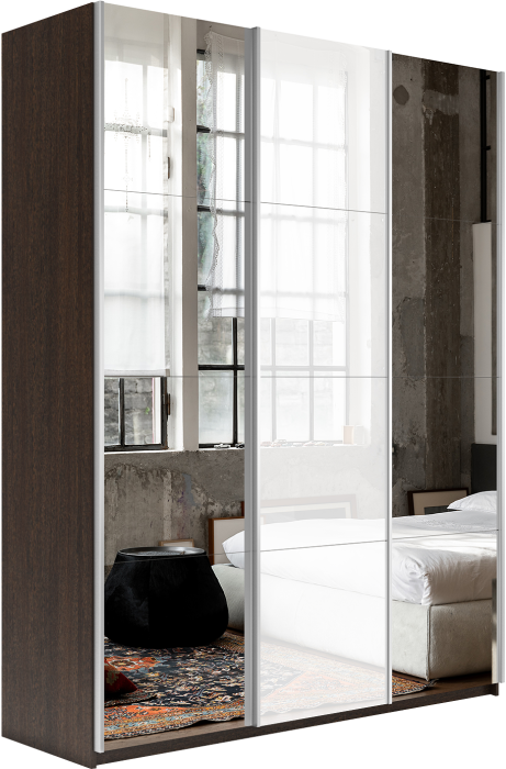 Шкафы-купе 3-х дверные, Шкаф-купе Прайм 3-х дверный Зеркала/Стекло белое/Доводчики 210х57х230