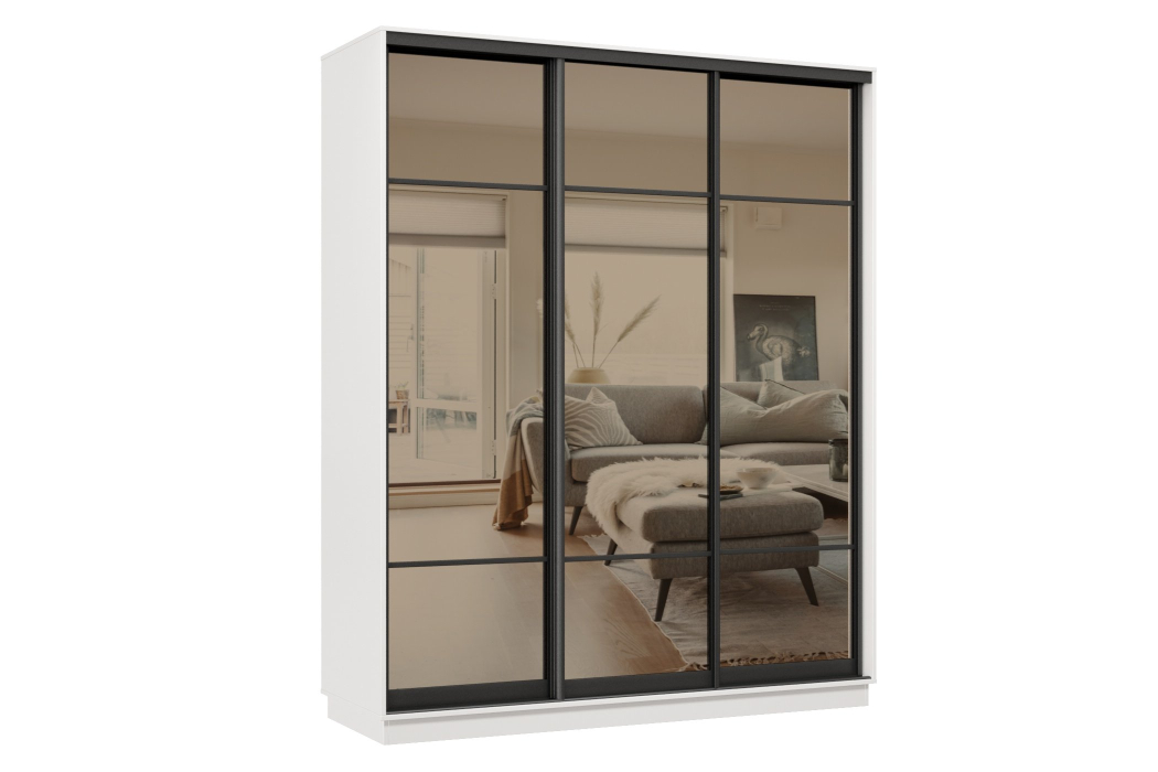 Шкафы-купе 3-х дверные, Шкаф-купе Премьер 24 (11ЗБ;11ЗБ;11ЗБ) фасады зеркало бронза/трёхдверный/Профиль чёрный муар