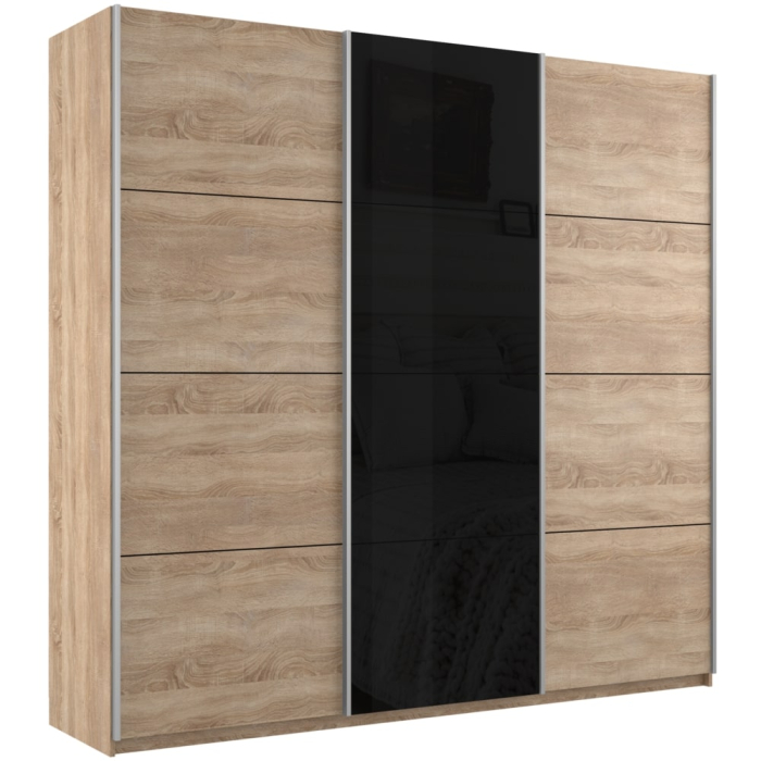 Шкафы-купе 3-х дверные, Шкаф-купе Прайм 3-х дверный ДСП/Стекло черное/Доводчики 210х57х230