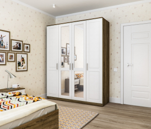 Шкаф 4х дверный с зеркалом Илона СБ-3075 Дуб Сонома Трюфель/Сандал Белый