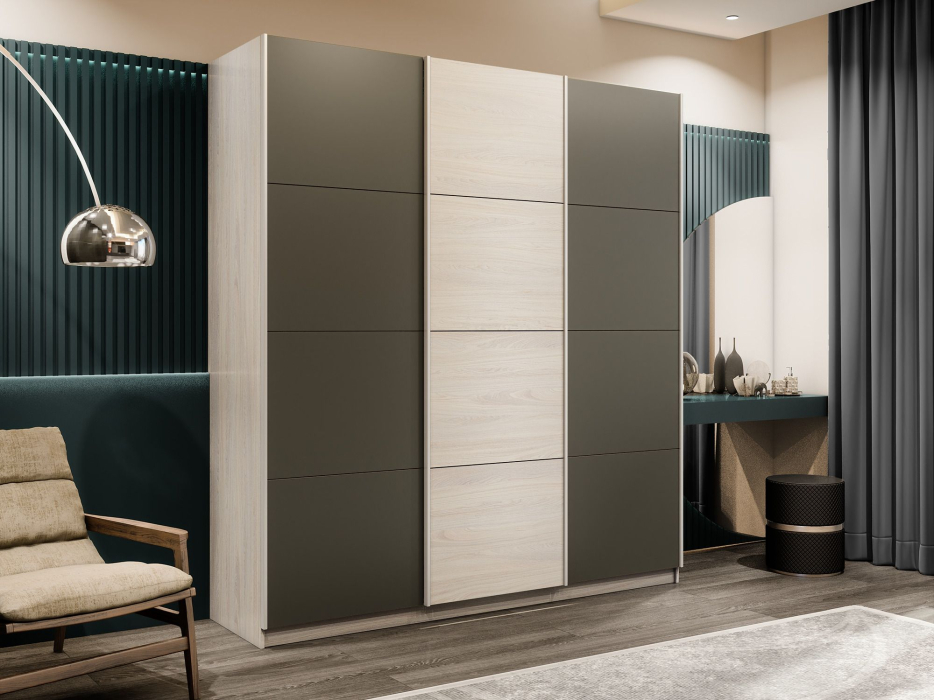 Шкафы-купе 3-х дверные, Шкаф-купе Прайм Широкий 3-х дверный Стекла хаки/ДСП/Доводчики 240х57х230