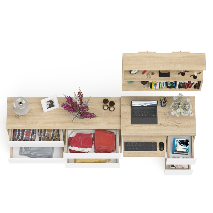 Домашние кабинеты, Стол письменный Мори МС-6 правый с большим комодом МК1380.6 и полкой для мелочей