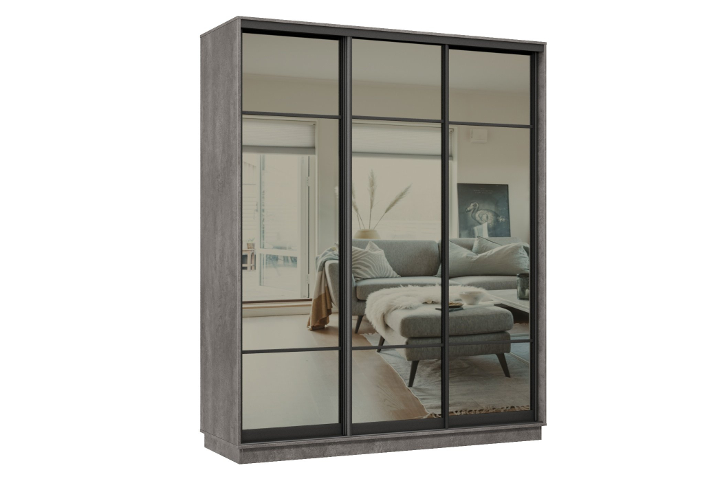 Шкафы-купе 3-х дверные, Шкаф-купе Премьер 23 (11ЗГ;11ЗГ;11ЗГ) фасады зеркало графит/трёхдверный/Профиль чёрный муар