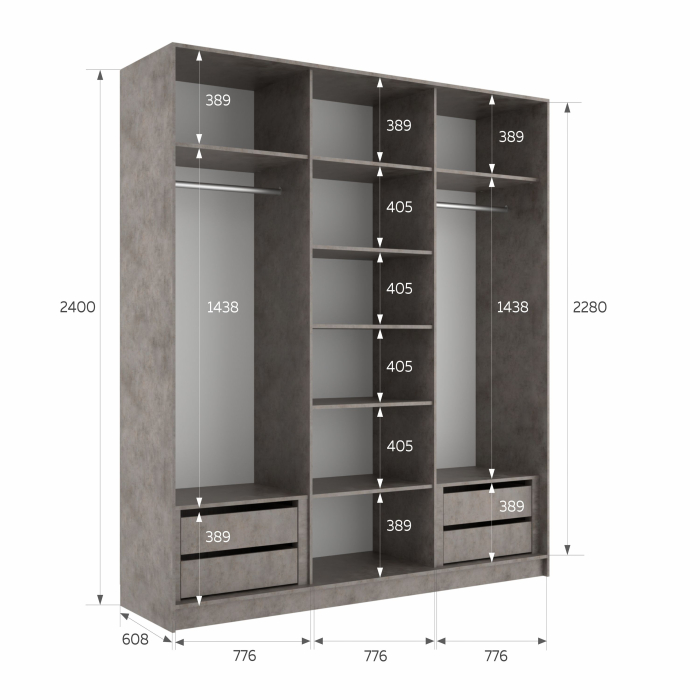 Шкафы-купе 3-х дверные, Шкаф-купе Эста 3-х дверный ДСП/Стекла пудра/Доводчик 240х66х240