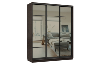 Шкаф-купе Премьер 21 (11ЗГ;11ЗГ;11ЗГ) фасады зеркало графит/трёхдверный/Профиль чёрный муар