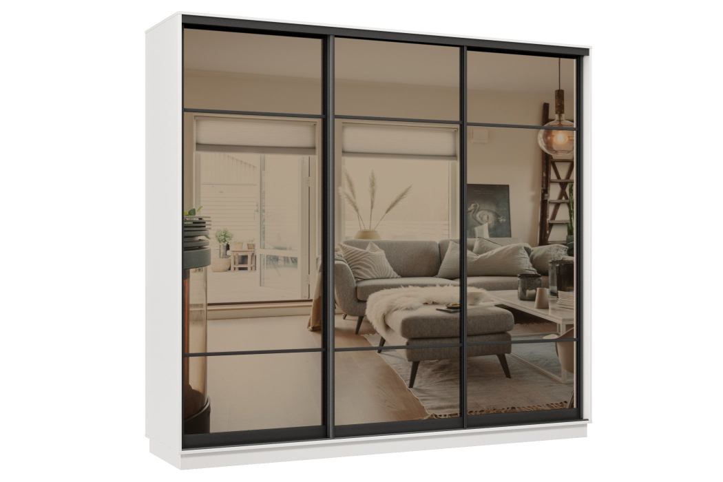 Шкафы-купе 3-х дверные, Шкаф-купе Премьер 58 (11ЗБ;11ЗБ;11ЗБ) фасады зеркало бронза/трёхдверный/Профиль чёрный муар