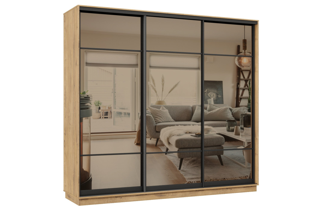 Шкафы-купе 3-х дверные, Шкаф-купе Премьер 35 (11ЗБ;11ЗБ;11ЗБ) фасады зеркало бронза/трёхдверный/Профиль чёрный муар