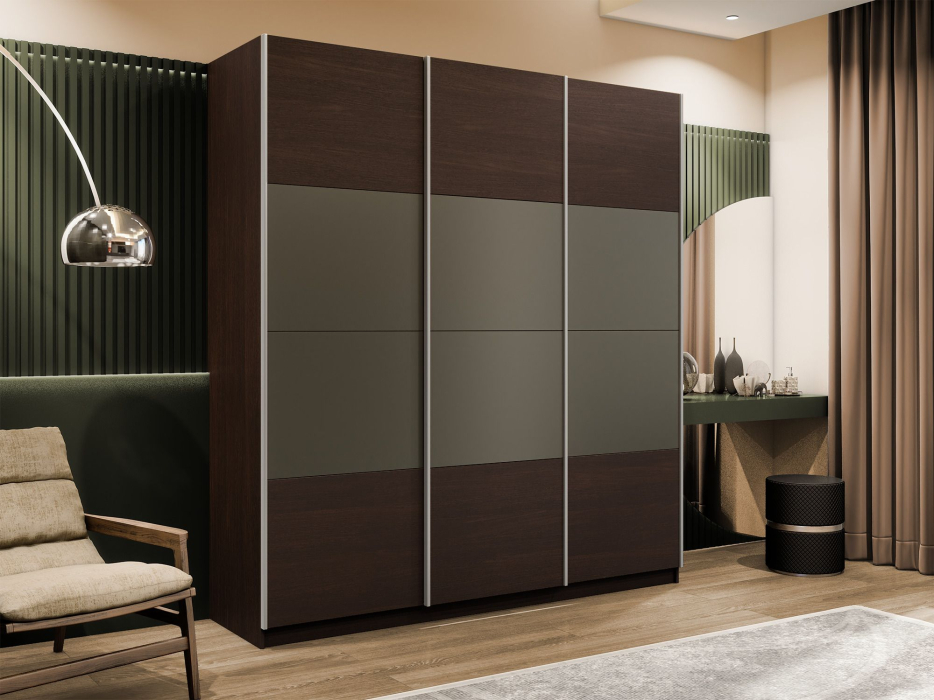 Шкафы-купе 3-х дверные, Шкаф-купе Эста 3-х дверный ДСП/Стекла хаки/Доводчик 270х66х240