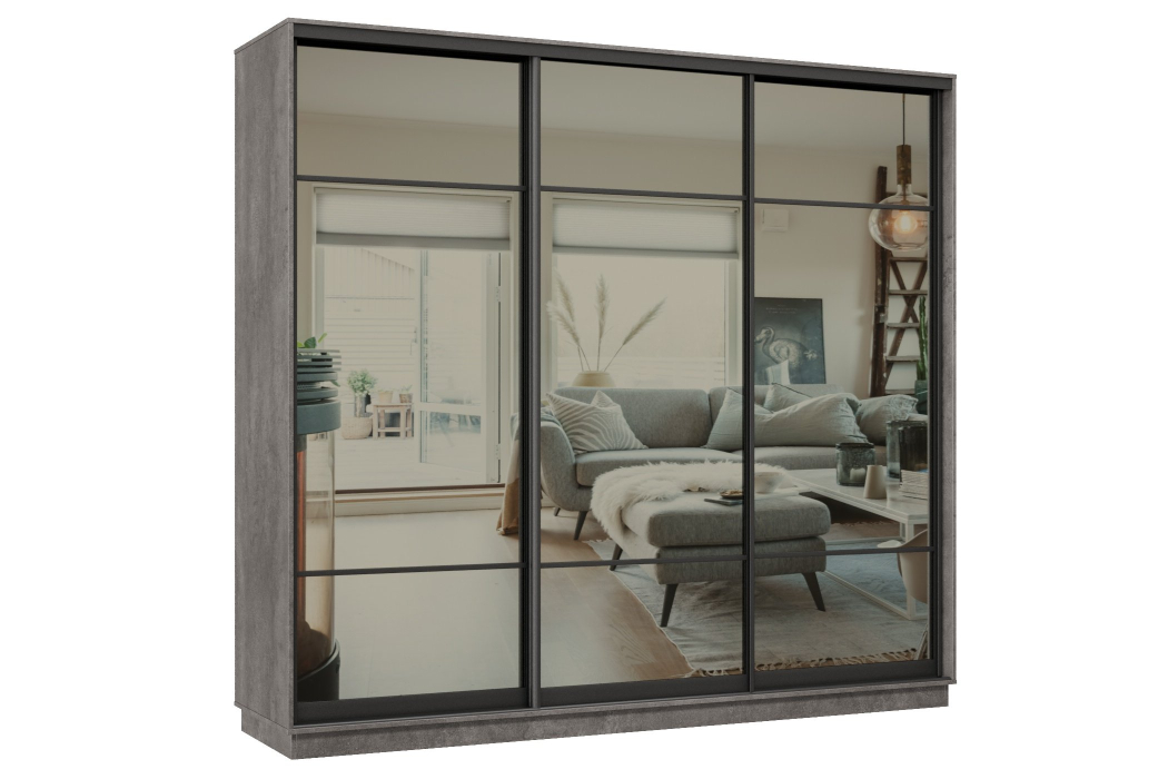 Шкафы-купе 3-х дверные, Шкаф-купе Премьер 36 (11ЗГ;11ЗГ;11ЗГ) фасады зеркало графит/трёхдверный/Профиль чёрный муар