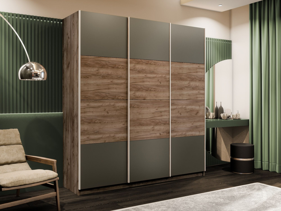 Шкафы-купе 3-х дверные, Шкаф-купе Эста 3-х дверный ДСП/Стекла хаки/Доводчик 240х66х240