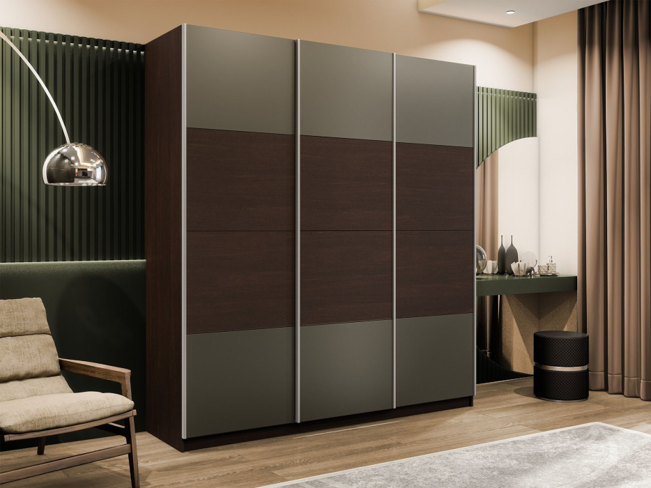 Шкафы-купе 3-х дверные, Шкаф-купе Эста 3-х дверный ДСП/Стекла хаки/Доводчик 270х66х240