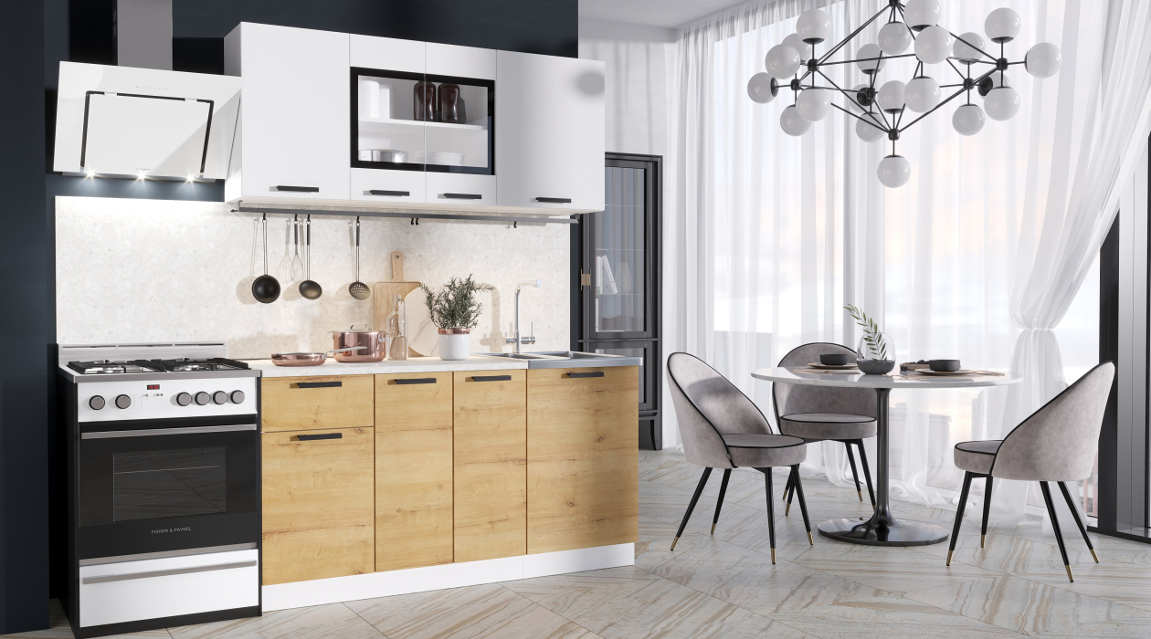 Кухонные гарнитуры, Кухня Хозяюшка 1,5 м Белый гладкий/Дуб вотан ЛДСП