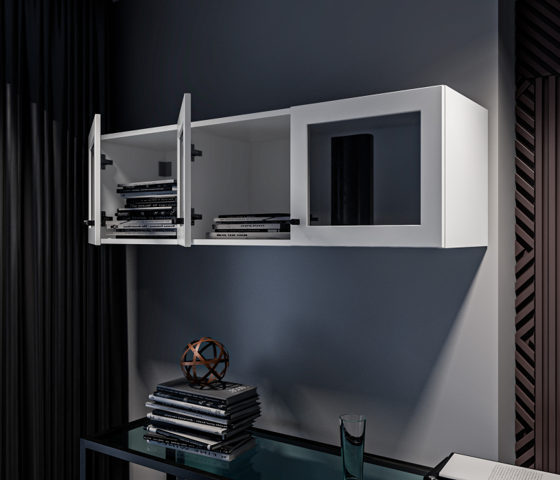 Настенные полки, Твин СБ-3385 Полка Белая с фасадами со стеклом