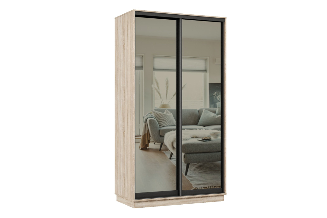 Шкафы-купе 2-х дверные, Шкаф-купе Премьер 02 (01ЗГ;01ЗГ) фасады зеркало графит/двухдверный/Профиль чёрный муар