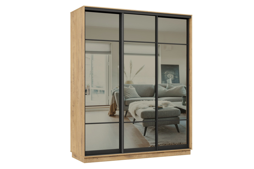 Шкафы-купе 3-х дверные, Шкаф-купе Премьер 24 (11ЗГ;11ЗГ;11ЗГ) фасады зеркало графит/трёхдверный/Профиль чёрный муар