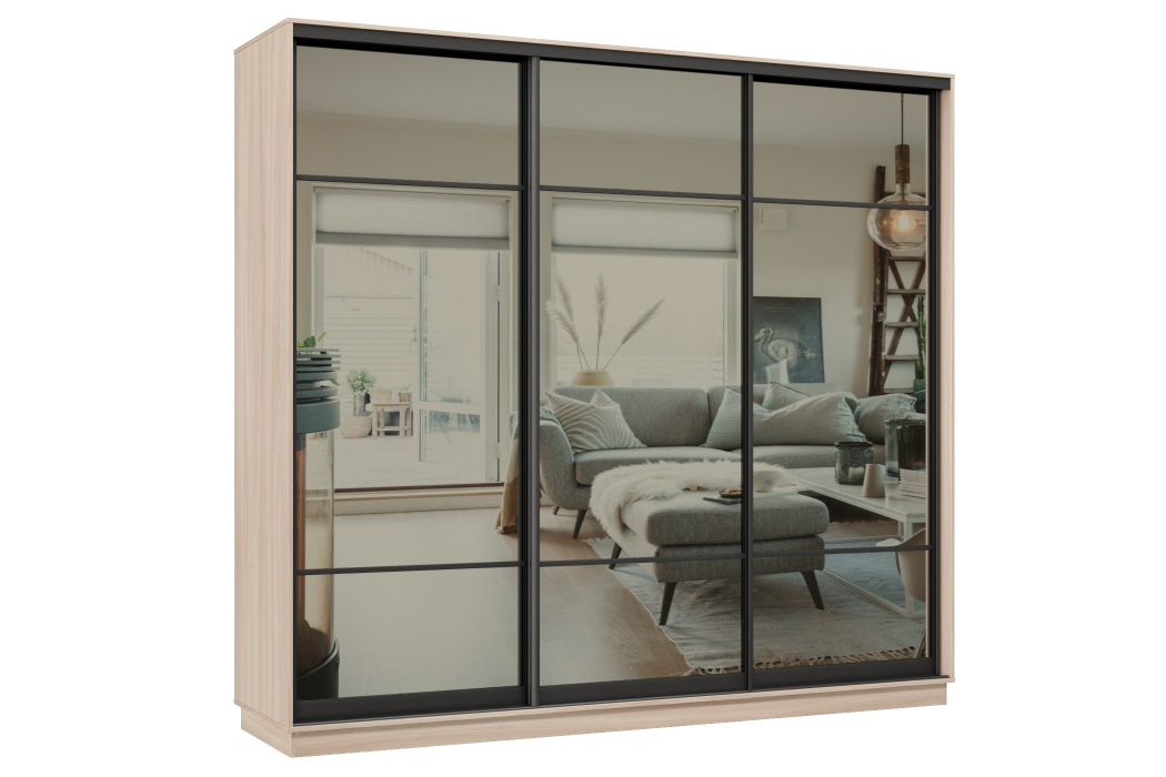 Шкафы-купе 3-х дверные, Шкаф-купе Премьер 35 (11ЗГ;11ЗГ;11ЗГ) фасады зеркало графит/трёхдверный/Профиль чёрный муар